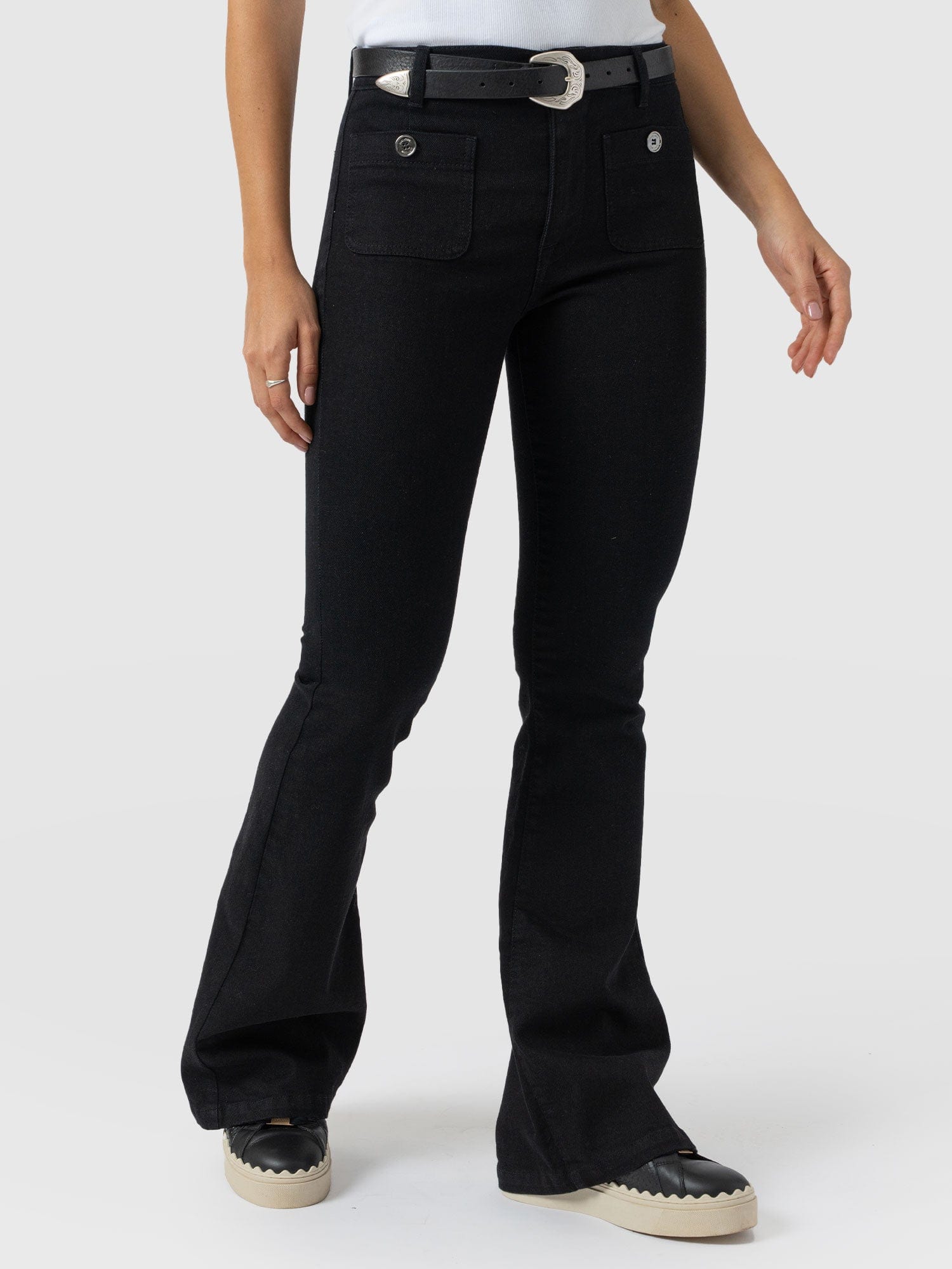 Bowie Stretch Flare Jeans - Jet Black - Women's Denims | Saint + Sofia® USA